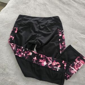 Reebok Womens Black Leggings with Pink Floral Panels